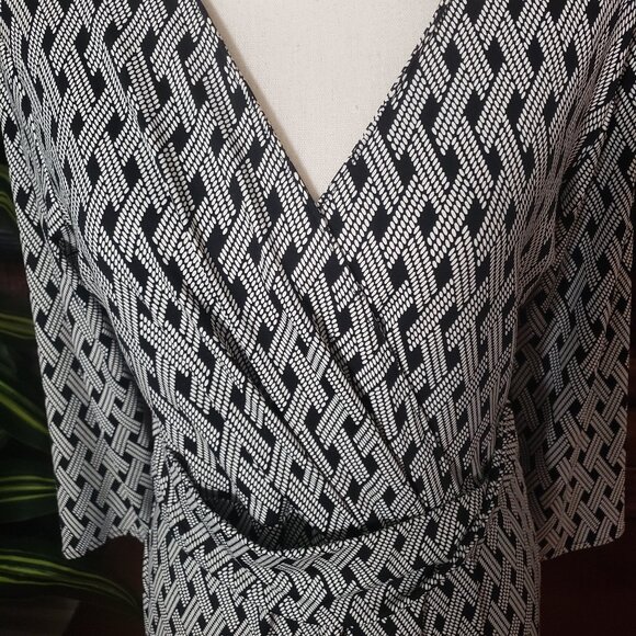 Talbots Dress M Lattice Print Faux Wrap Nylon Stretch Side Zip 3/4 Sleeve - Picture 4 of 11